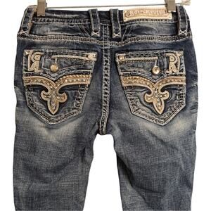 Rock Revival Blue Distressed Embroidered Rhinestone Agata Skinny Jeans Size 25